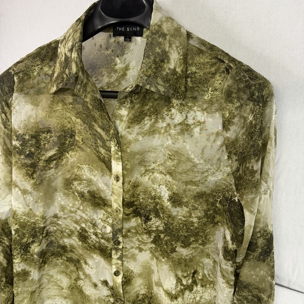 The Sang Long Sleeve Green Sheer Button Up Fairy Earthy Boho Abstract Large